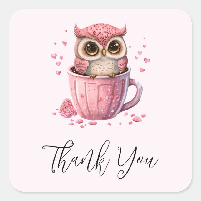 Sticker Carré Chouette rose mignonne dans un Merci de coupe (Devant)