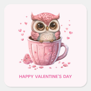 Sticker Carré Chouette rose mignonne en coupe Saint-Valentin