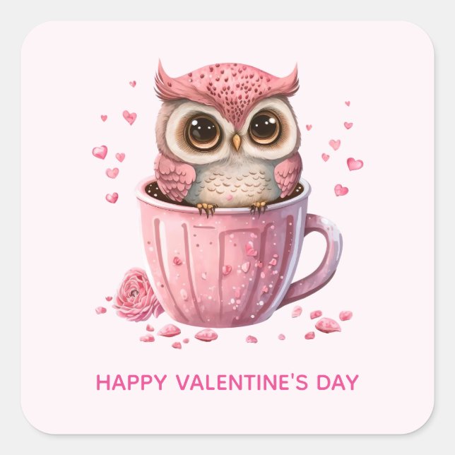 Sticker Carré Chouette rose mignonne en coupe Saint-Valentin (Devant)