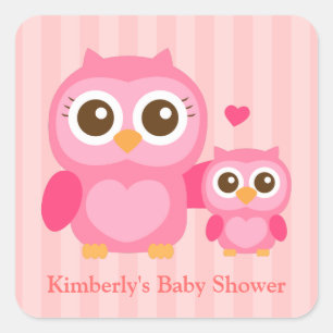 Sticker Carré Chouette rose mignonne maman et bébé, Baby shower