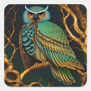 Sticker Carré Chouette Turquoise et Or