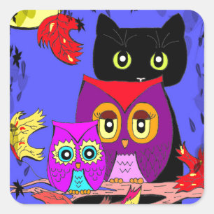Sticker Carré Chouettes amusantes Chat noir Chat Chute Lune Créa