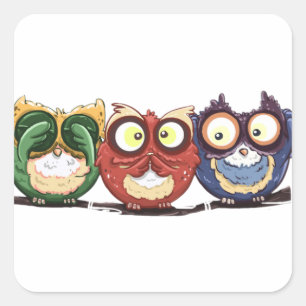 Sticker Carré Chouettes Hoot Voir Parler N'Entendre Aucun Mal