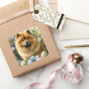 Sticker Carré Chow Chow avec œufs de Pâques vacances