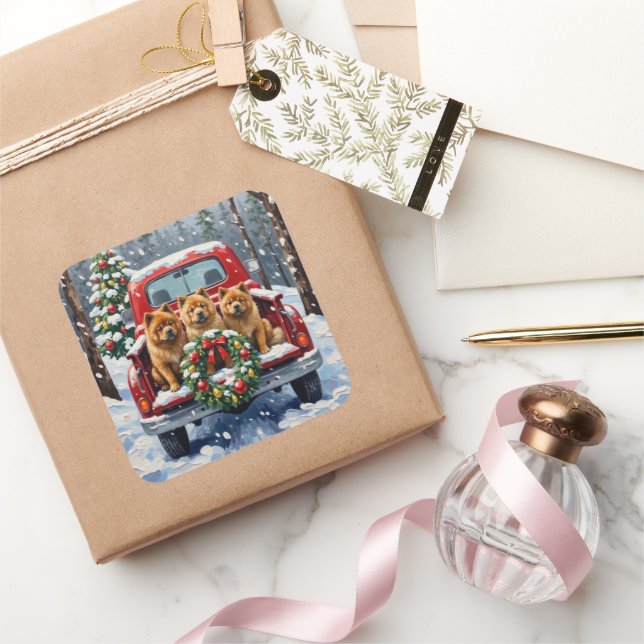 Sticker Carré Chow Chow Christmas Red Truck Holiday (Cadeaux)
