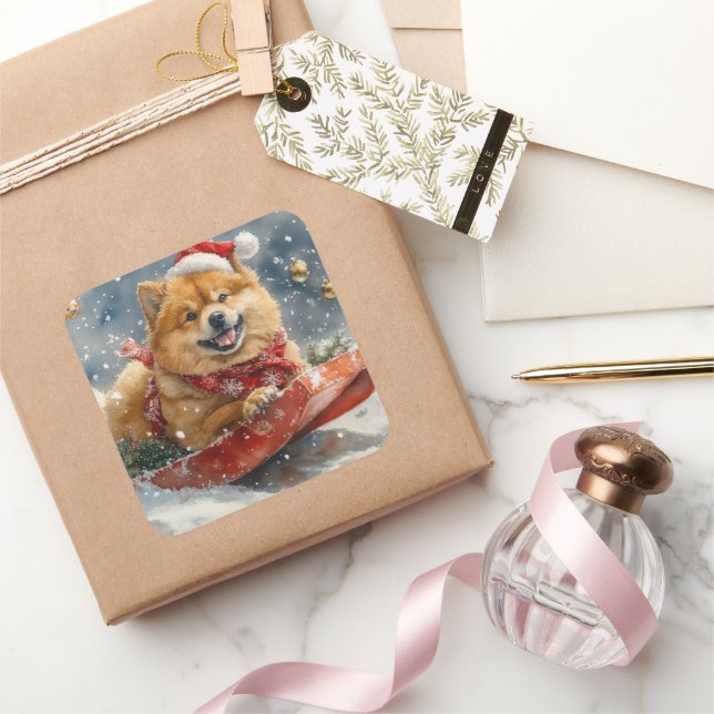 Sticker Carré Chow Chow Dog in Sledge Let it Snow Christmas (Cadeaux)