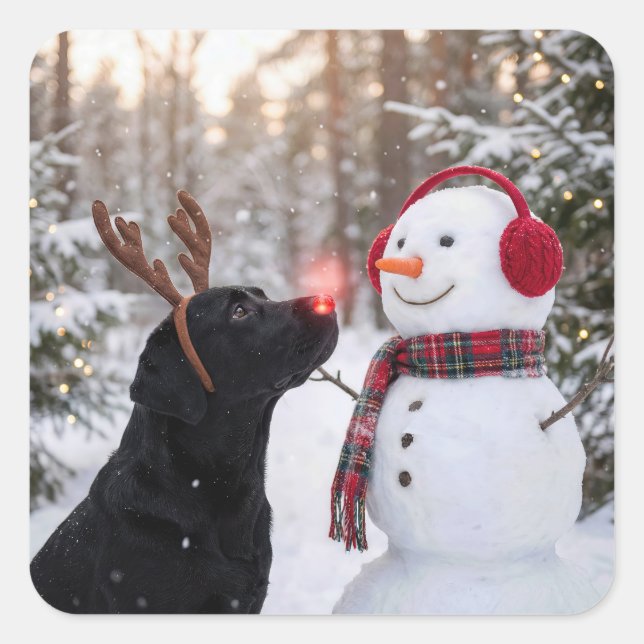 Sticker Carré Christmas Black Labrador Retriever with Snowman (Devant)