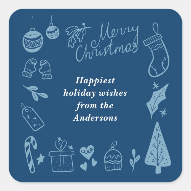 Sticker Carré Christmas Blue Cute Festive Hand Drawn Doodles (Devant)