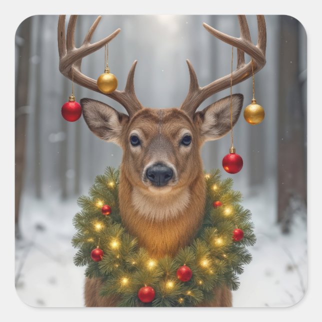Sticker Carré Christmas Buck Wearing a Glowing Wreath (Devant)