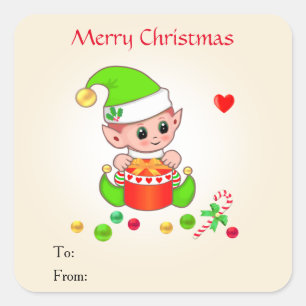 Sticker Carré Christmas Cute Elf sur Beige pour Cadeaux & Faveur