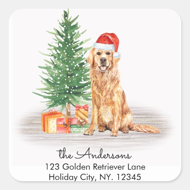 Sticker Carré Christmas Dog Golden Retriever Adresse de retour (Devant)