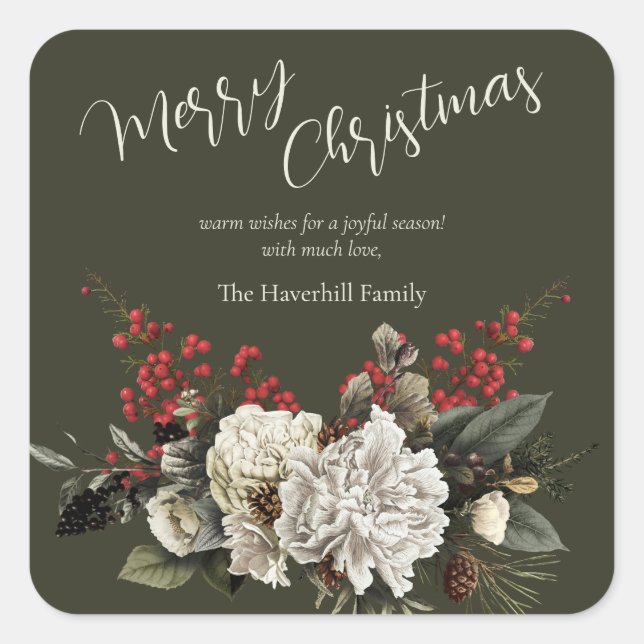 Sticker Carré Christmas Elegant Floral Modern Script Family Name (Devant)