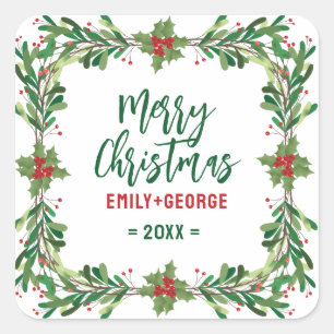 Sticker Carré Christmas Holly Wreath