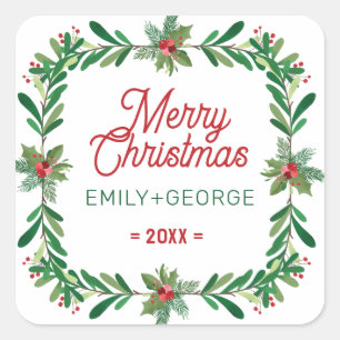 Sticker Carré Christmas Holly Wreath Joyeux Texte de Noël