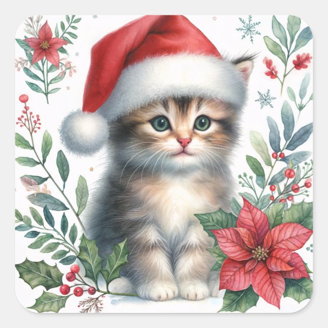Sticker Carré Christmas Kitten In Santa Hat (Devant)