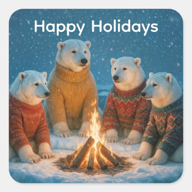 Sticker Carré Christmas Polar Bears Around a Bonfire (Devant)