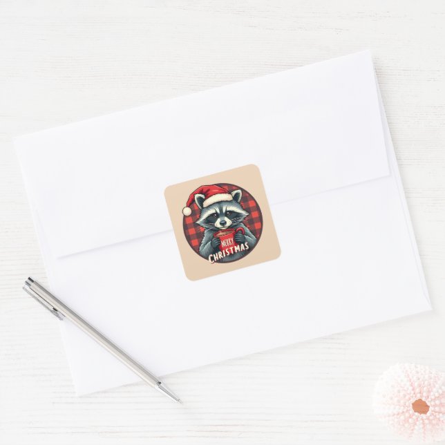 Sticker Carré Christmas Raccoon Cocoa Cheer (Enveloppe)