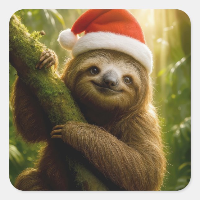 Sticker Carré Christmas Sloth Wearing a Santa Hat (Devant)