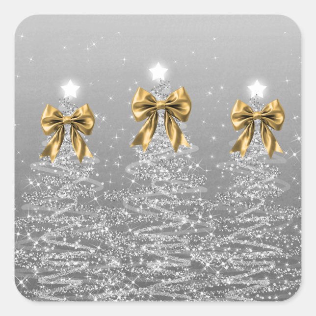 Sticker Carré Christmas Sparkling Trees Silver Faux Gold Bow  (Devant)