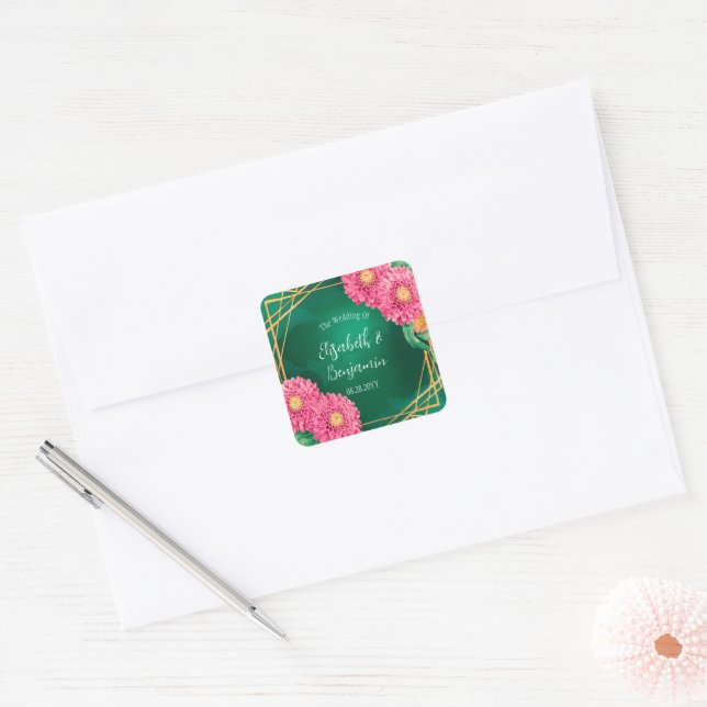 Sticker Carré Chrysanthèmes rose avec Mariage géométrique or (Enveloppe)