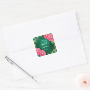 Sticker Carré Chrysanthèmes rose avec Mariage géométrique or