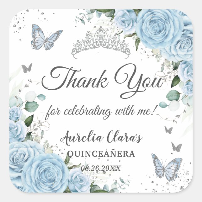 Sticker Carré Ciel bleu Floral Princesse Robe Argent Quinceañera (Devant)