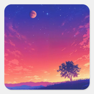 Sticker Carré Ciel nocturne étoilé avec lune rouge et silhouette