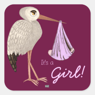 Sticker Carré Cigogne classique (rose) (baby shower)