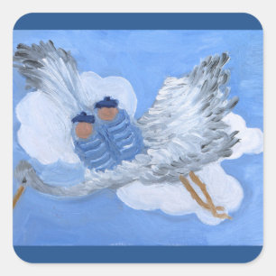 Sticker Carré Cigogne de vol et bébés jumeaux : Susan