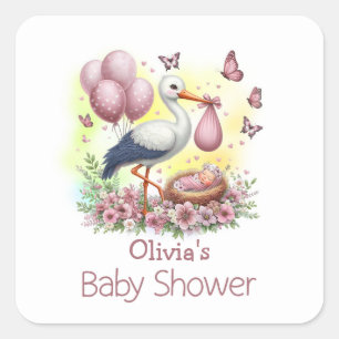 Sticker Carré Cigogne rose Baby Shower pour bébé fille