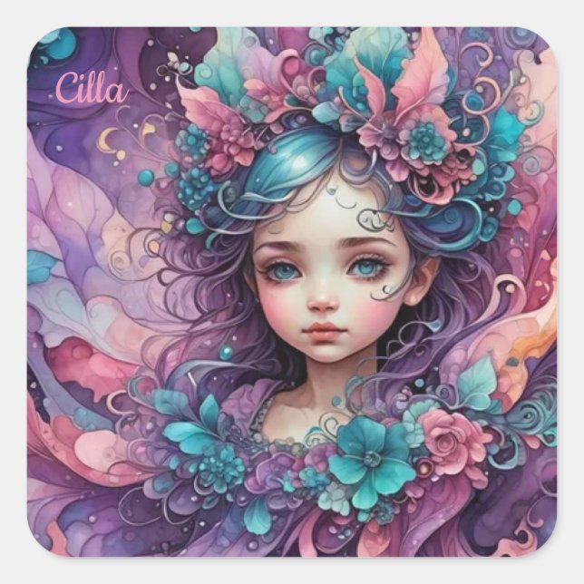 Sticker Carré CILLA ~ WOW ! Lavande bleue rose fée ~ (Devant)