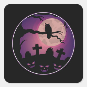 Sticker Carré Cimetière Citrouille Owl Moon Effrayant Halloween 
