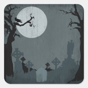 Sticker Carré Cimetière et Pleine lune pour Halloween