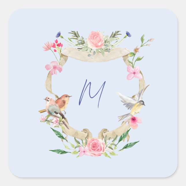 Sticker Carré Cimier floral Monogramme bleu (Devant)
