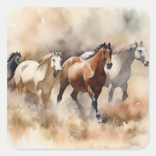 Sticker Carré “Cinq mustangs galopants” Aquarelle western poussi