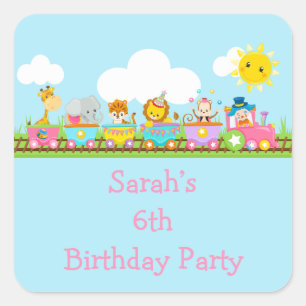 Sticker Carré Cirque Animaux Train Enfants Anniversaire en Rose