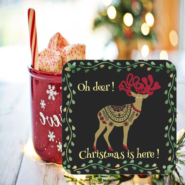 Sticker Carré Citation de Noël pour rennes vertes en or nordique (Nordic Gold Reindeer Green Frame Christmas Quote Square Sticker)