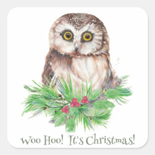 Sticker Carré Citation d'Humour de Noël Cute Owl Bird
