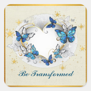 Sticker Carré Citation Transformée Cœur et Papillons Bleus
