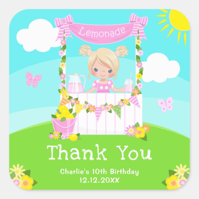 Sticker Carré Citronade rose Blonde Coiffure fille Merci d'anniv (Devant)