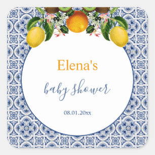 Sticker Carré Citrons d'Italie blanc et bleu Amalfi Baby shower