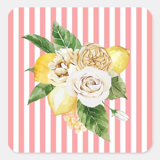 Sticker Carré Citrons et roses à rayures roses (Devant)