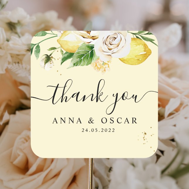 Sticker Carré Citrons jaunes pastel à l'aquarelle moderne & feui (Créateur téléchargé)