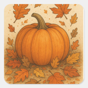 Sticker Carré Citrouille d'automne d'or et Feuille en chute