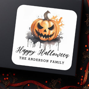 Sticker Carré Citrouille d'Halloween aquarelle effrayante Joyeux