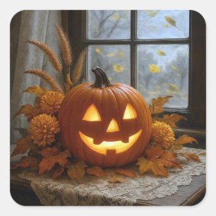 Sticker Carré Citrouille d'Halloween dans les fleurs d'automne