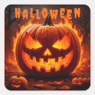 Sticker Carré Citrouille d'Halloween effrayante avec Flamme