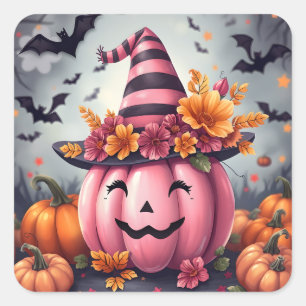 Sticker Carré Citrouille d'Halloween rose jolie Jack-o-lantern