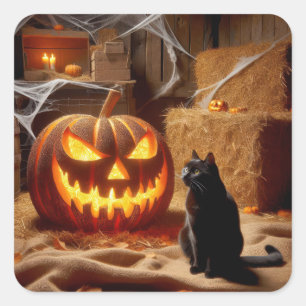 Sticker Carré Citrouille et chat d'Halloween dans une grange