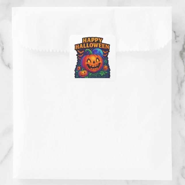 Sticker Carré Citrouille Neon Glow "Happy Halloween" (Sac)